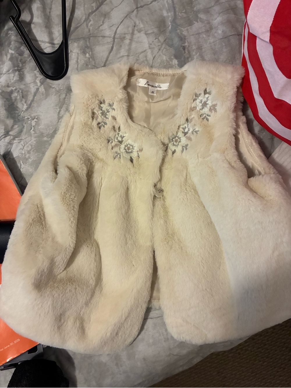 Cream Faux Fur Vest with Floral Embroidery